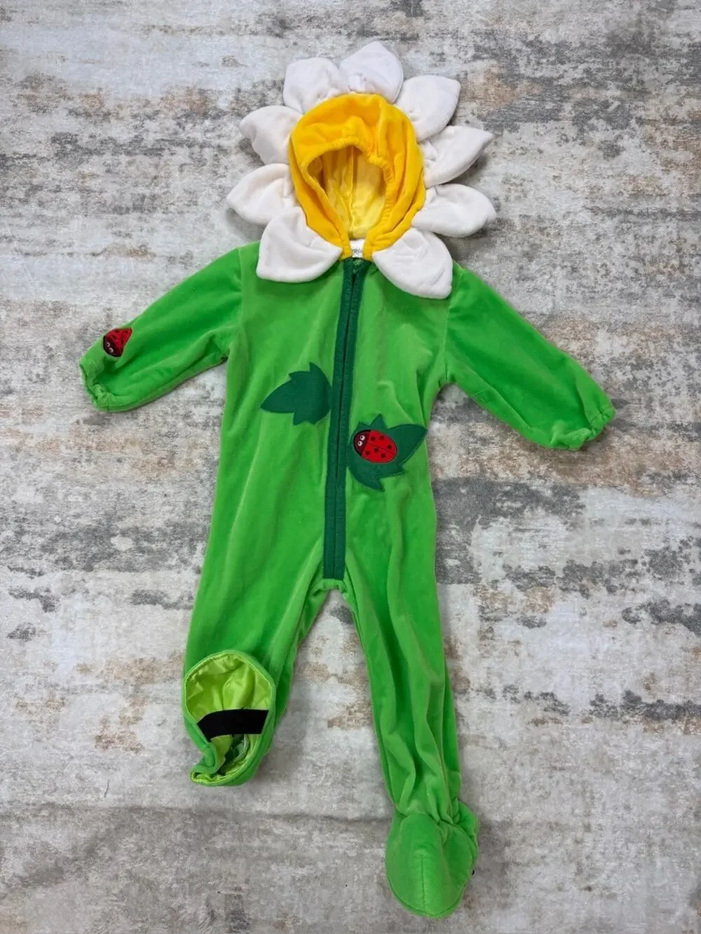 Y2K Green velour one-piece flower costume with padded daisy hood ladybug